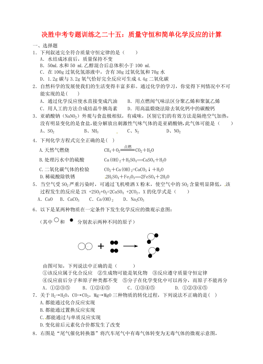 浙江省溫州市平陽縣鰲江鎮(zhèn)第三中學(xué)中考科學(xué) 決勝專題訓(xùn)練之二十五 質(zhì)量守恒和簡單化學(xué)反應(yīng)的計算 浙教版_第1頁