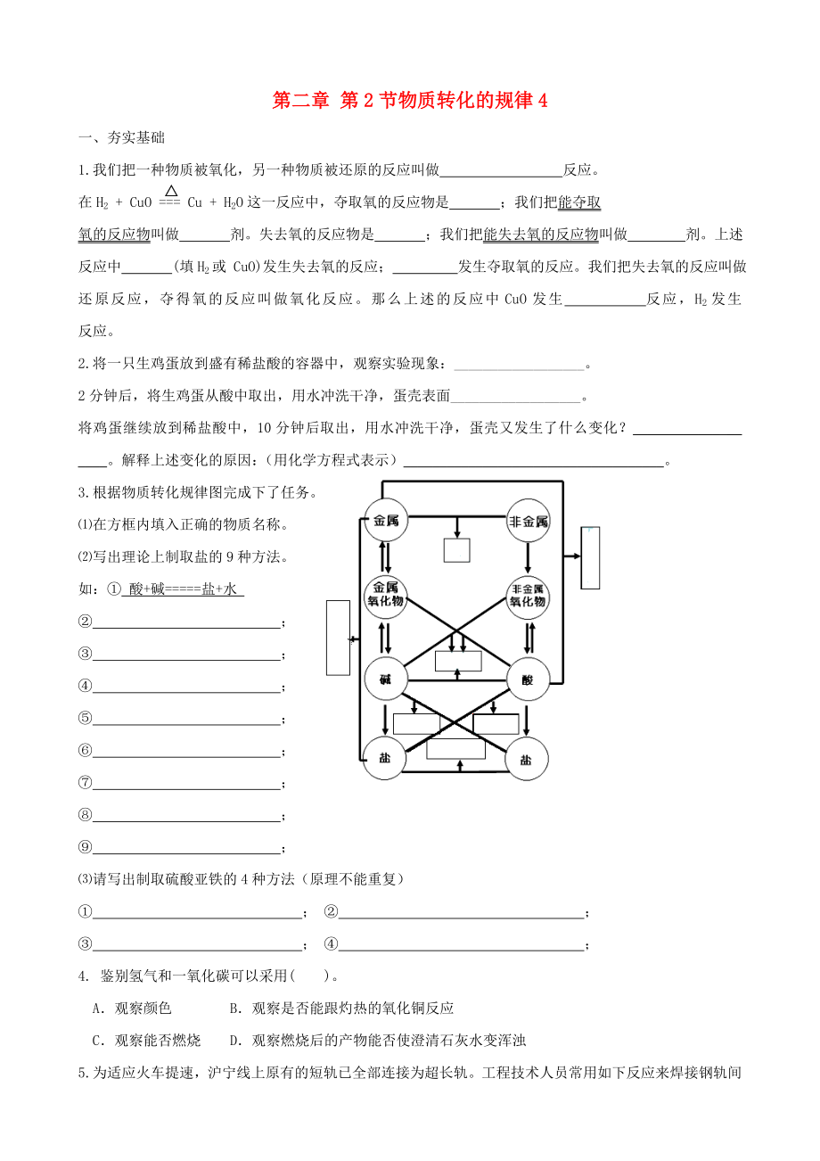 九年級科學上冊 第二章第2節(jié) 物質(zhì)轉(zhuǎn)化的規(guī)律隨堂練習4（無答案） 浙教版_第1頁