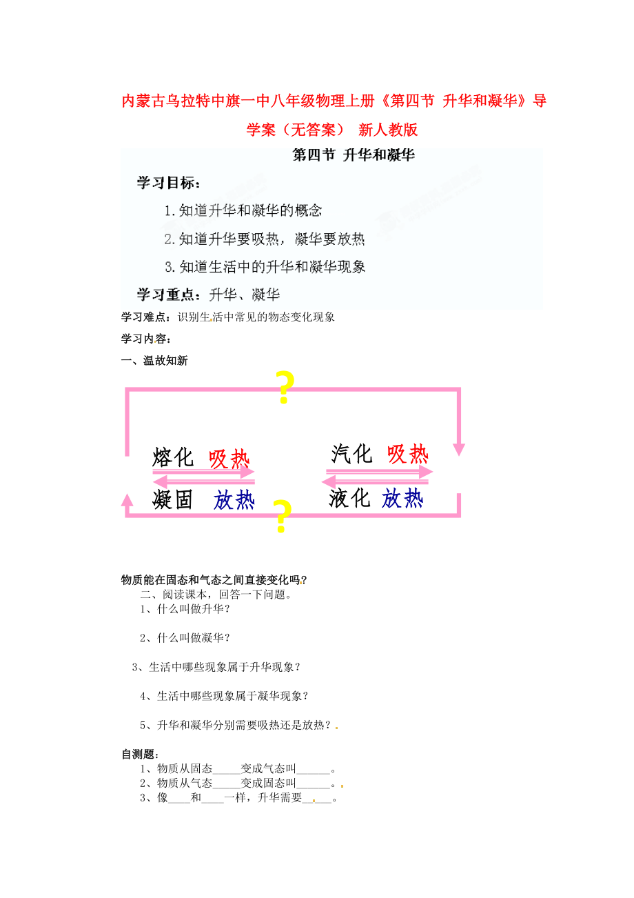 內(nèi)蒙古烏拉特中旗一中八年級物理上冊《第四節(jié) 升華和凝華》導(dǎo)學(xué)案（無答案） 新人教版_第1頁