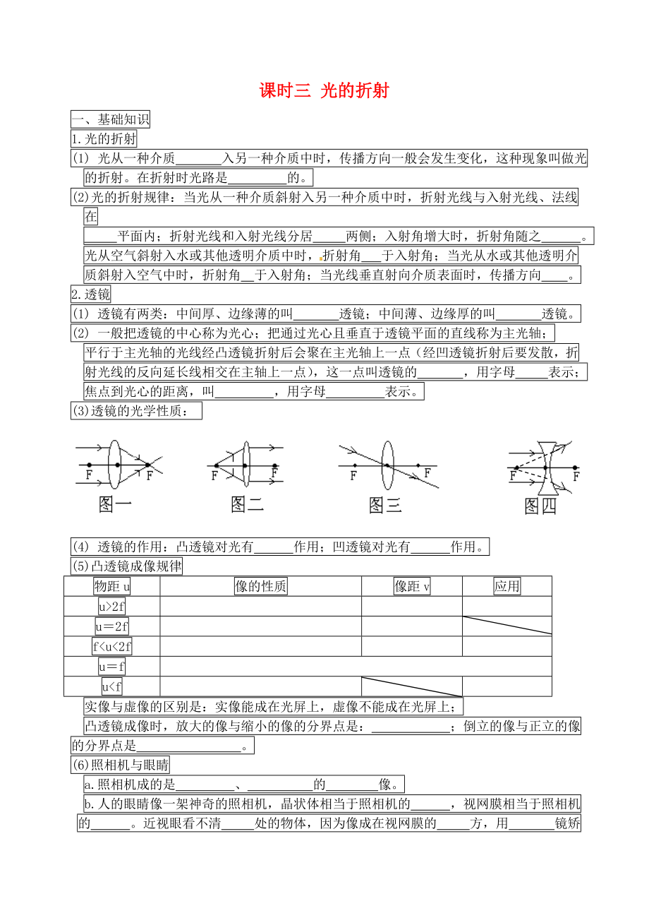 江蘇省宿遷市鐘吾初級中學八年級物理下冊 課時作業(yè)三 光的折射 透鏡（無答案） 新人教版_第1頁