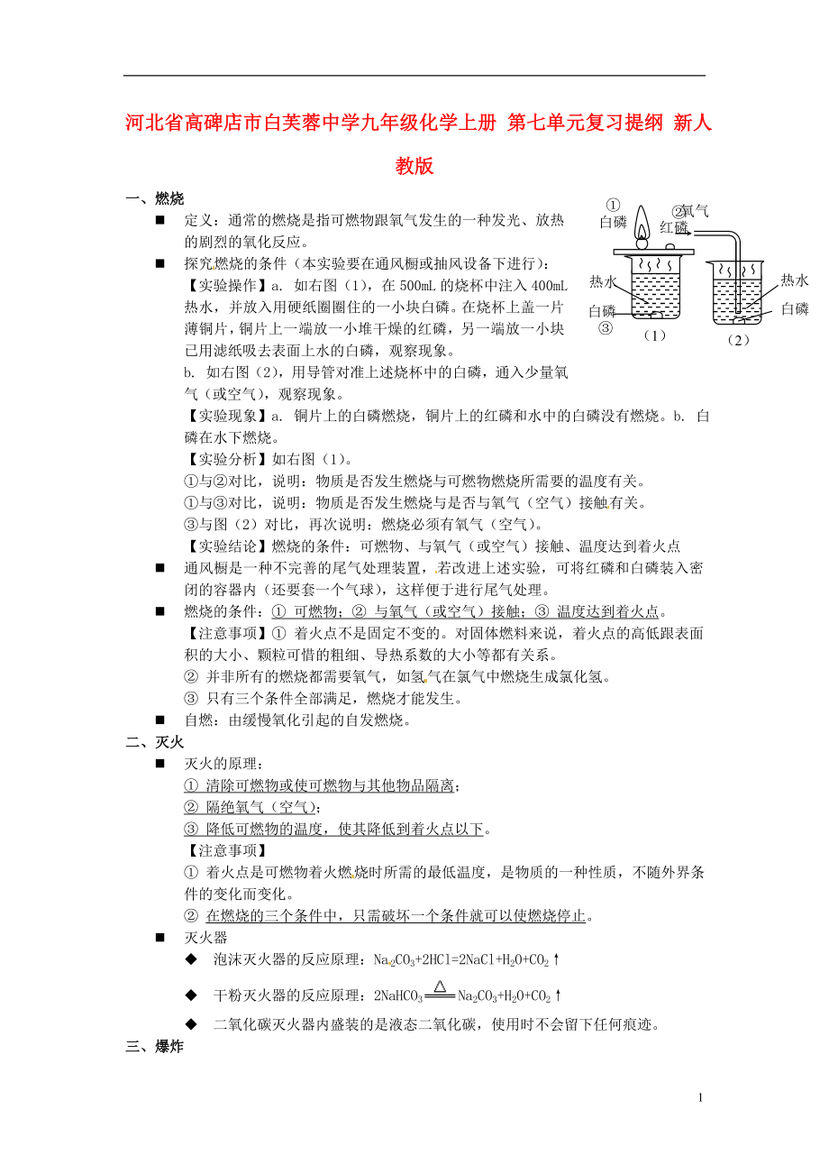 河北省高碑店市白芙蓉中學九年級化學上冊 第七單元復習提綱 新人教版_第1頁