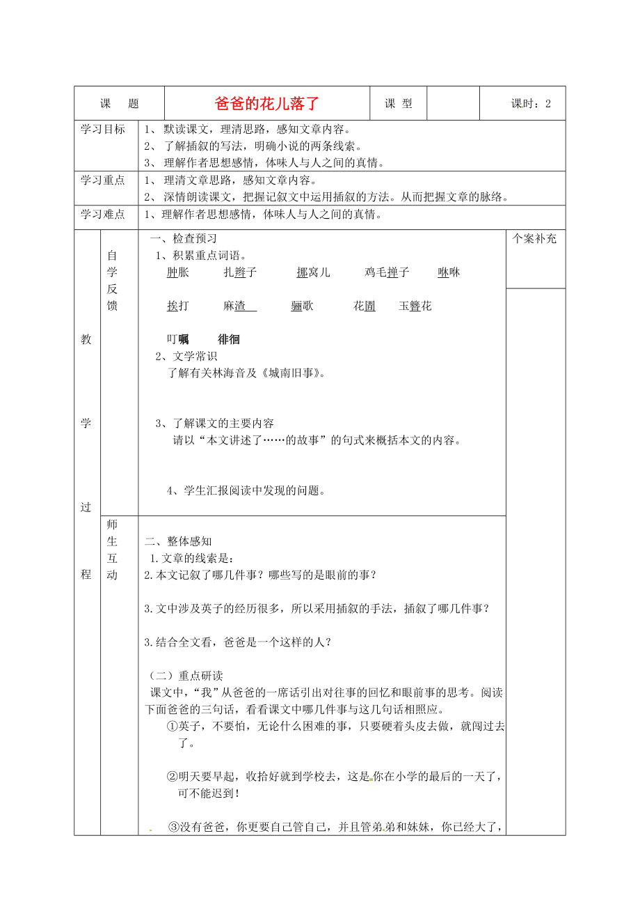 天津市葛沽第三中學(xué)2014-2015學(xué)年七年級(jí)語(yǔ)文下冊(cè) 第2課 爸爸的花兒落了（第1課時(shí)）導(dǎo)學(xué)案（無(wú)答案） 新人教版_第1頁(yè)