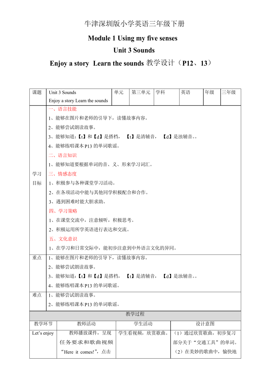 三年級下冊英語教案- Module 1Unit 3 Sounds E 滬教牛津版_第1頁