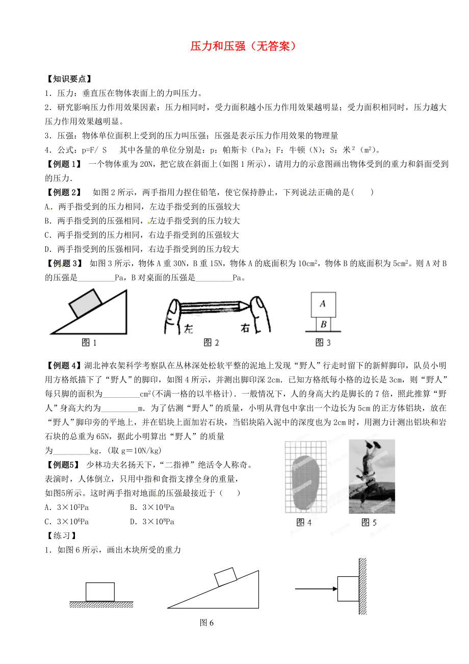 江蘇省大豐市萬盈二中2013屆中考物理總復(fù)習(xí) 壓力和壓強(qiáng)（無答案）_第1頁