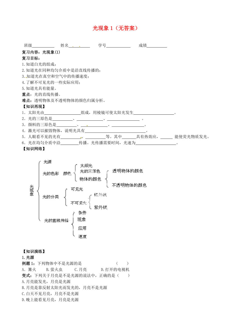 江蘇省大豐市萬(wàn)盈二中2013屆中考物理總復(fù)習(xí) 光現(xiàn)象（無(wú)答案）_第1頁(yè)