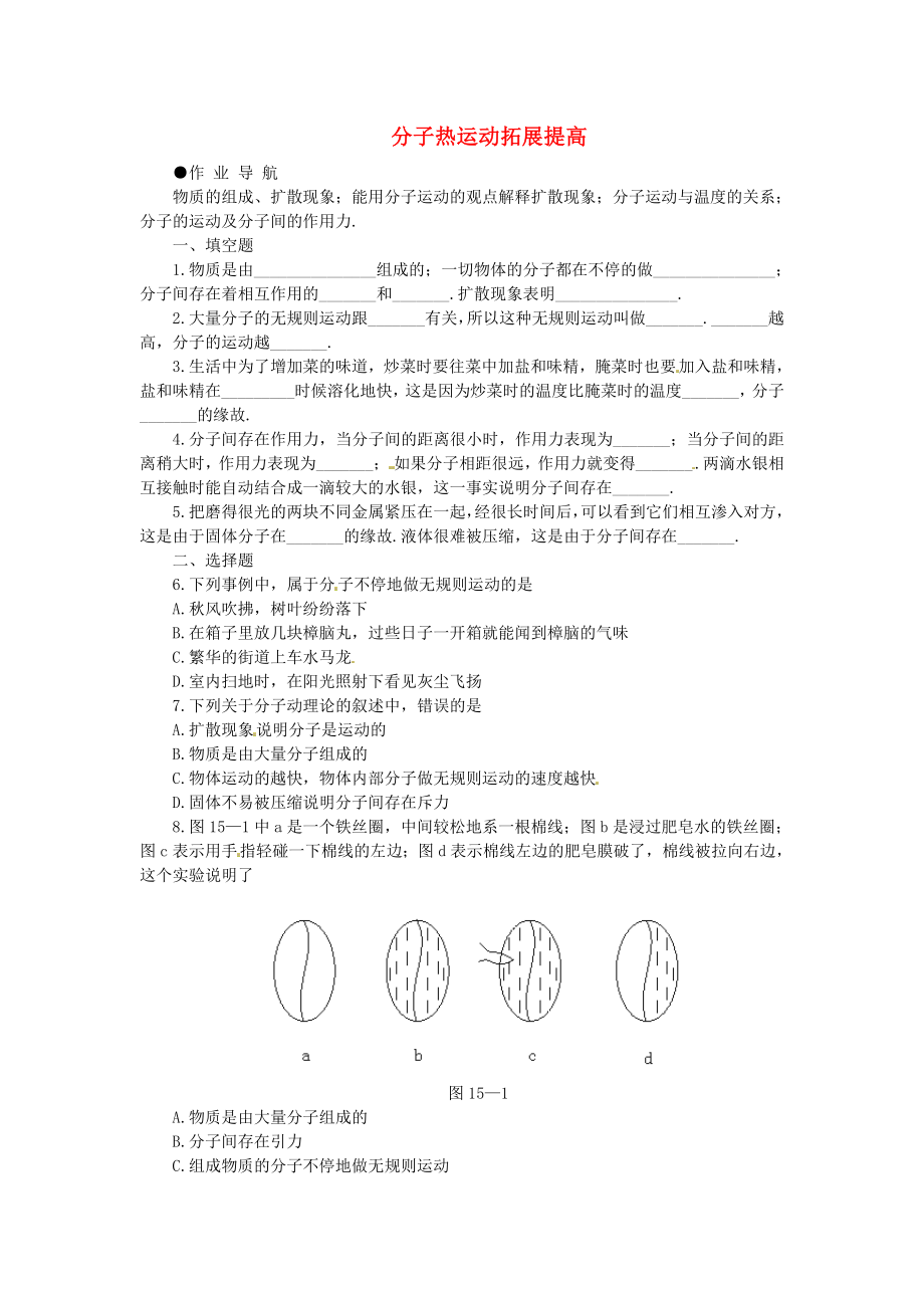 九年级物理全册 第十六章 热和能《分子热运动》拓展提高 新人教版_第1页