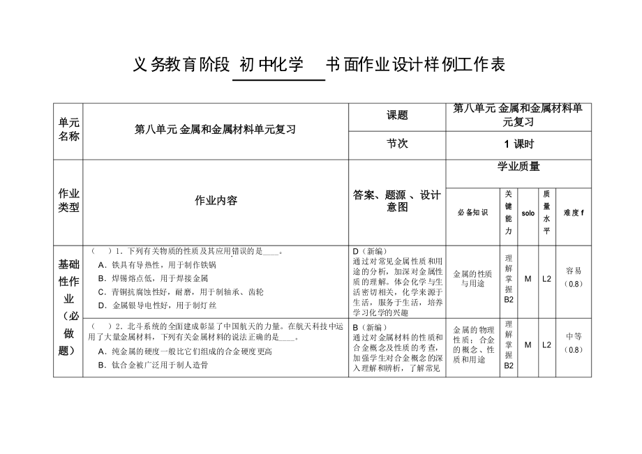 人教版九年级化学下册 双减分层作业设计样例 案例 第八单元 金属和金属材料 复习作业_第1页