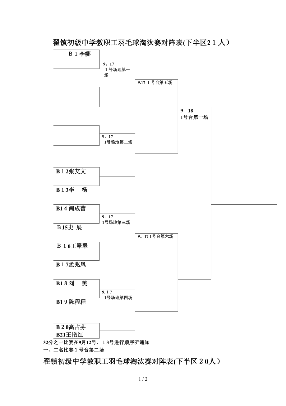 翟镇初级中学教工羽毛球球淘汰赛对阵表_第1页