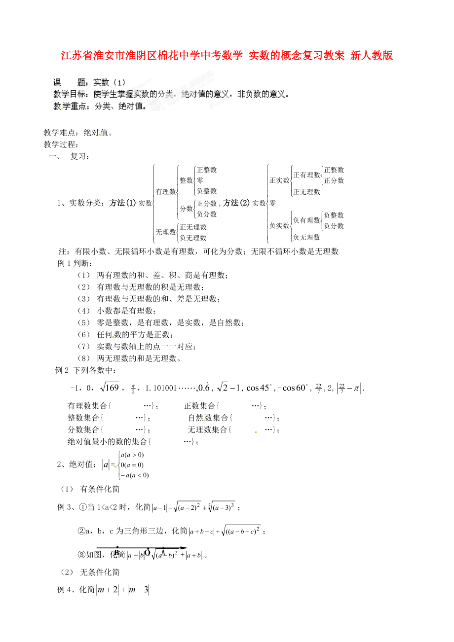 江蘇省淮安市淮陰區(qū)棉花中學(xué)中考數(shù)學(xué) 實(shí)數(shù)的概念復(fù)習(xí)教案 新人教版_第1頁(yè)