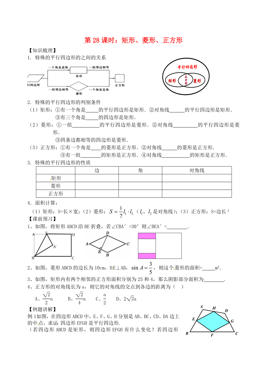 江蘇省昆山市兵希中學中考數(shù)學一輪總復習 第28課時 矩形、菱形、正方形（無答案） 蘇科版_第1頁