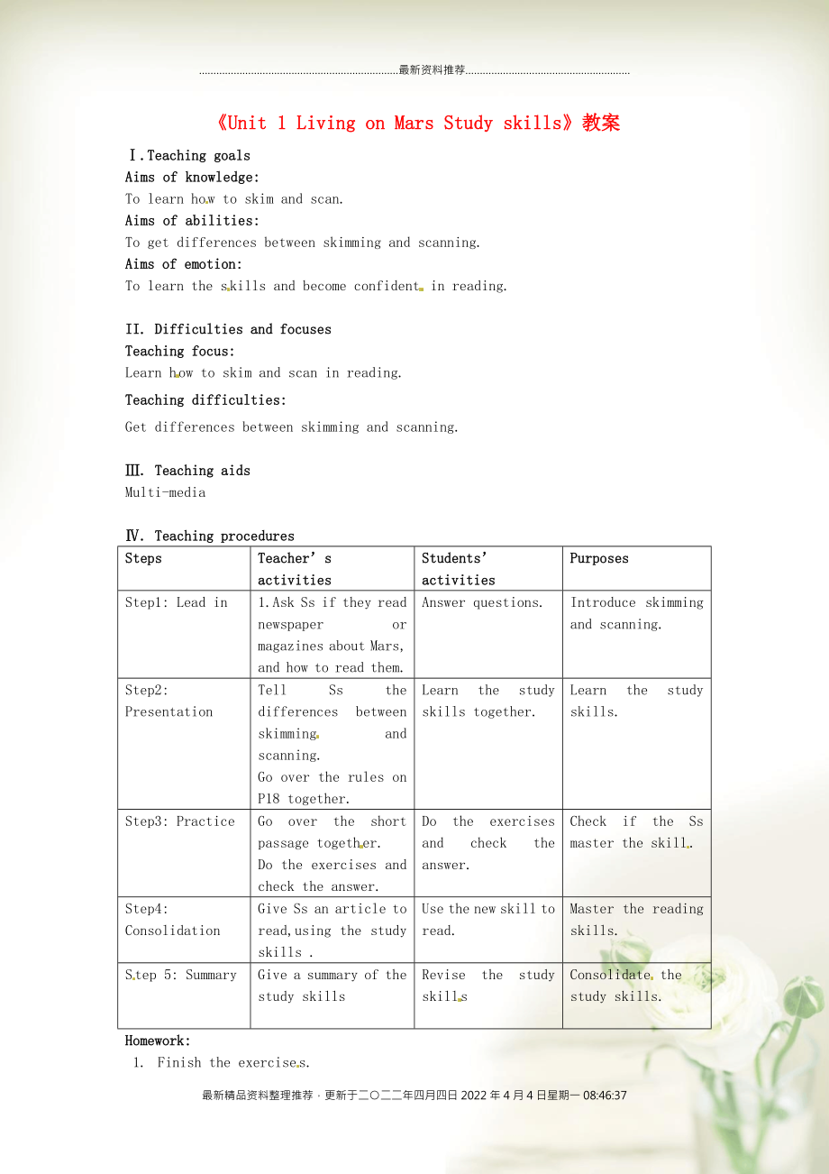 江蘇省東臺市唐洋鎮(zhèn)中學(xué)九年級英語下冊《Unit 1 Living on Mars Study skills》教案 牛津版_第1頁