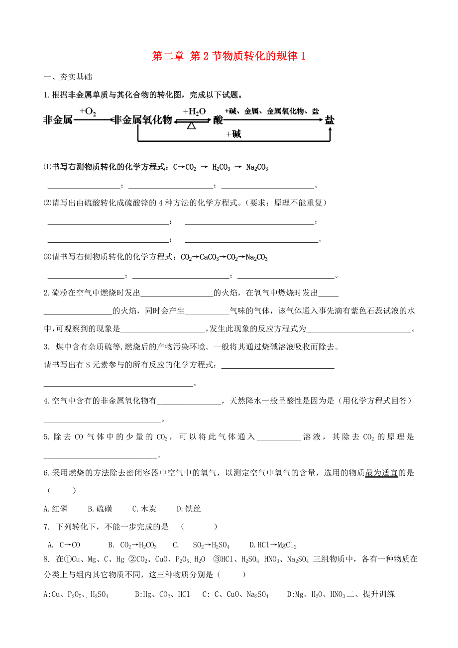 九年級科學(xué)上冊 第二章第2節(jié) 物質(zhì)轉(zhuǎn)化的規(guī)律隨堂練習(xí)1（無答案） 浙教版_第1頁