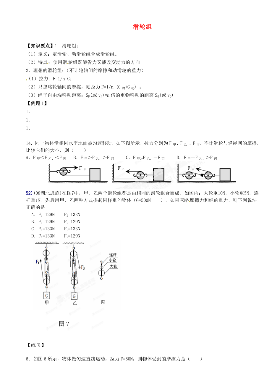 江蘇省大豐市萬盈二中2013屆中考物理總復(fù)習(xí) 滑輪組（無答案）_第1頁