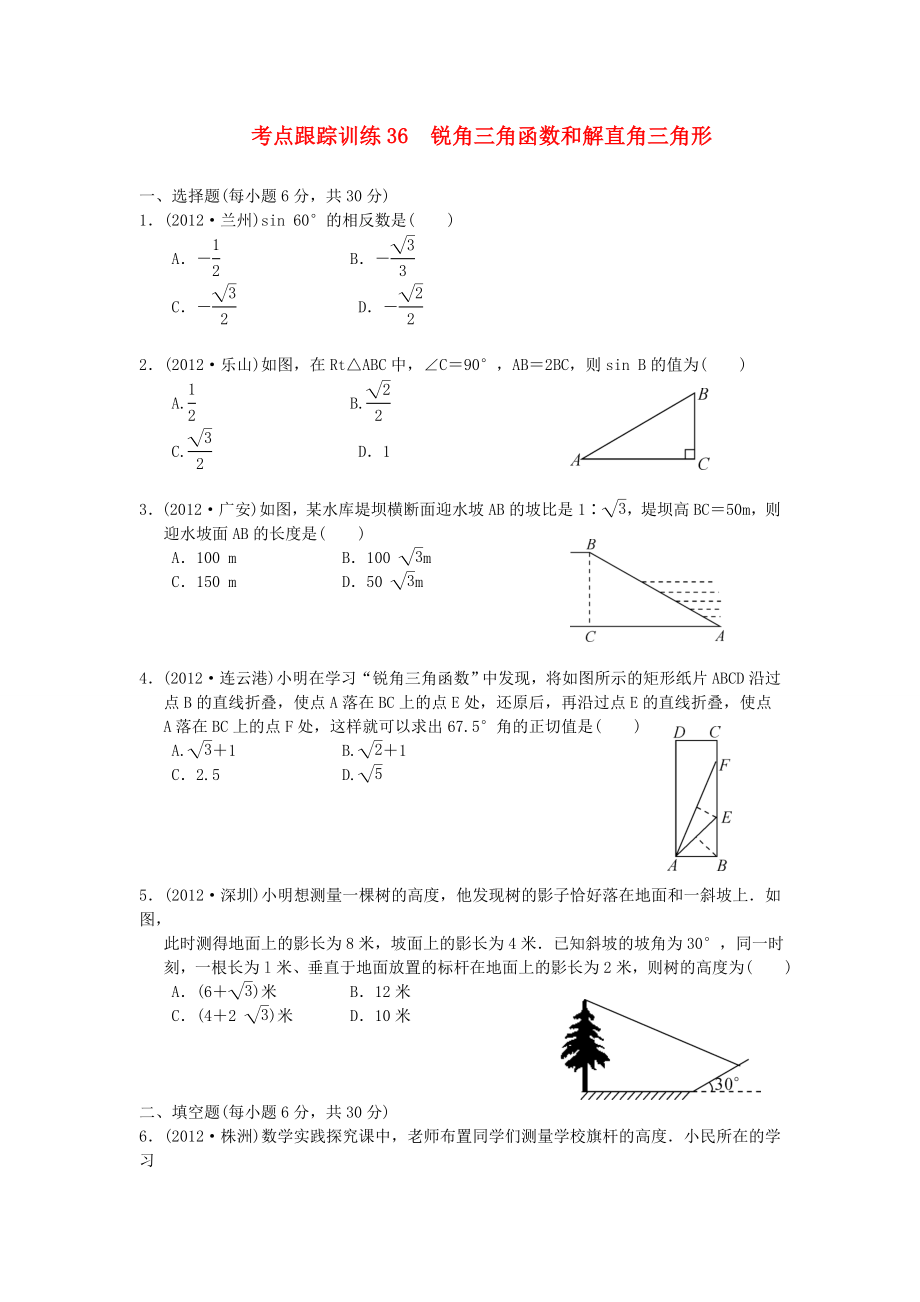 浙江省2013年中考數(shù)學(xué)一輪復(fù)習(xí) 考點(diǎn)跟蹤訓(xùn)練36 銳角三角函數(shù)和解直角三角形（無(wú)答案）_第1頁(yè)