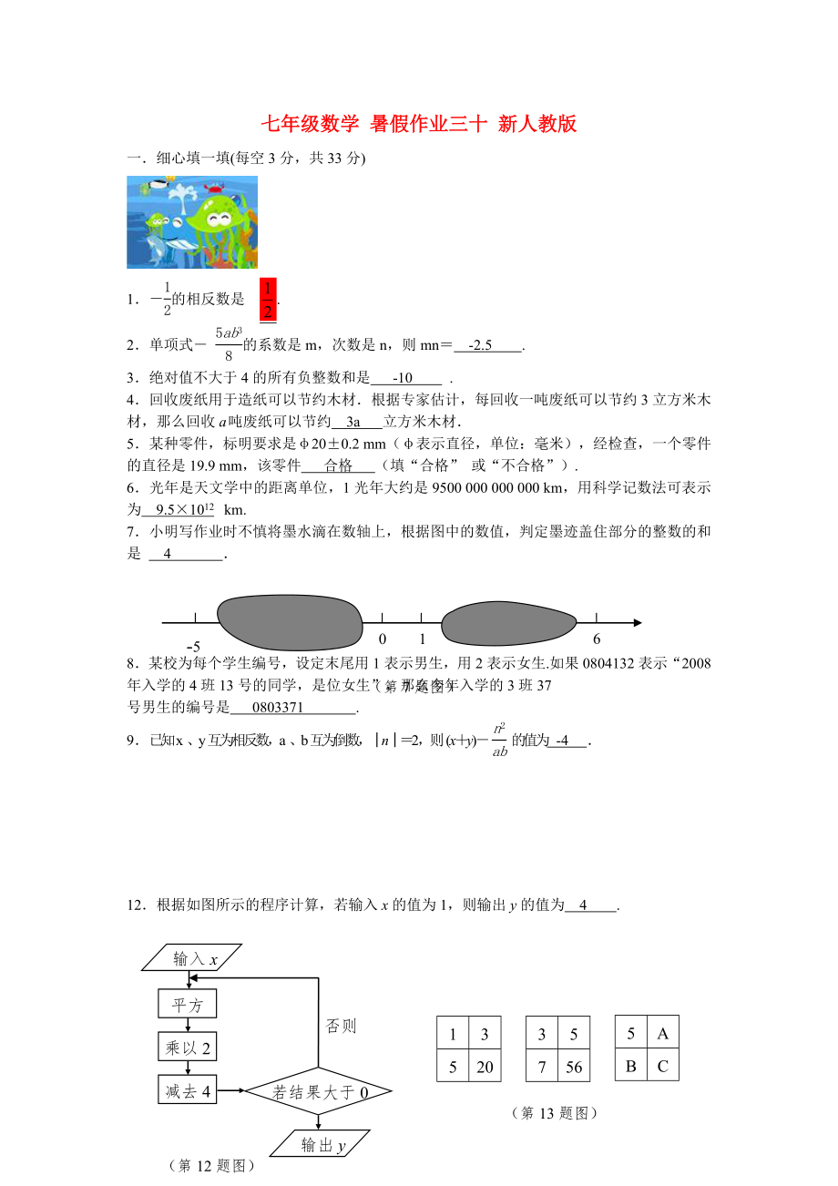 七年級數(shù)學 暑假作業(yè)三十 新人教版_第1頁