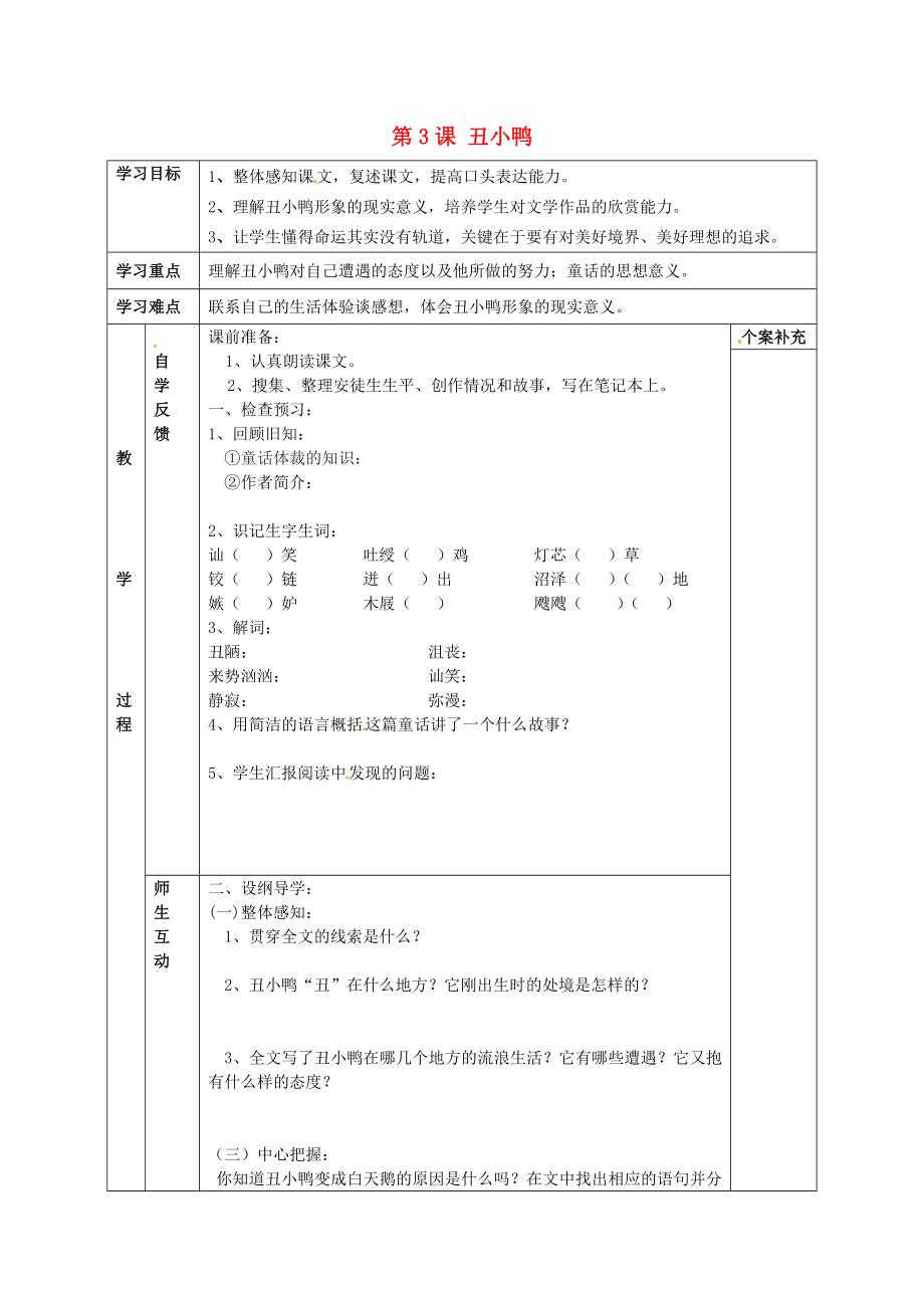 天津市葛沽第三中學2014-2015學年七年級語文下冊 第3課 丑小鴨學案（無答案） 新人教版_第1頁