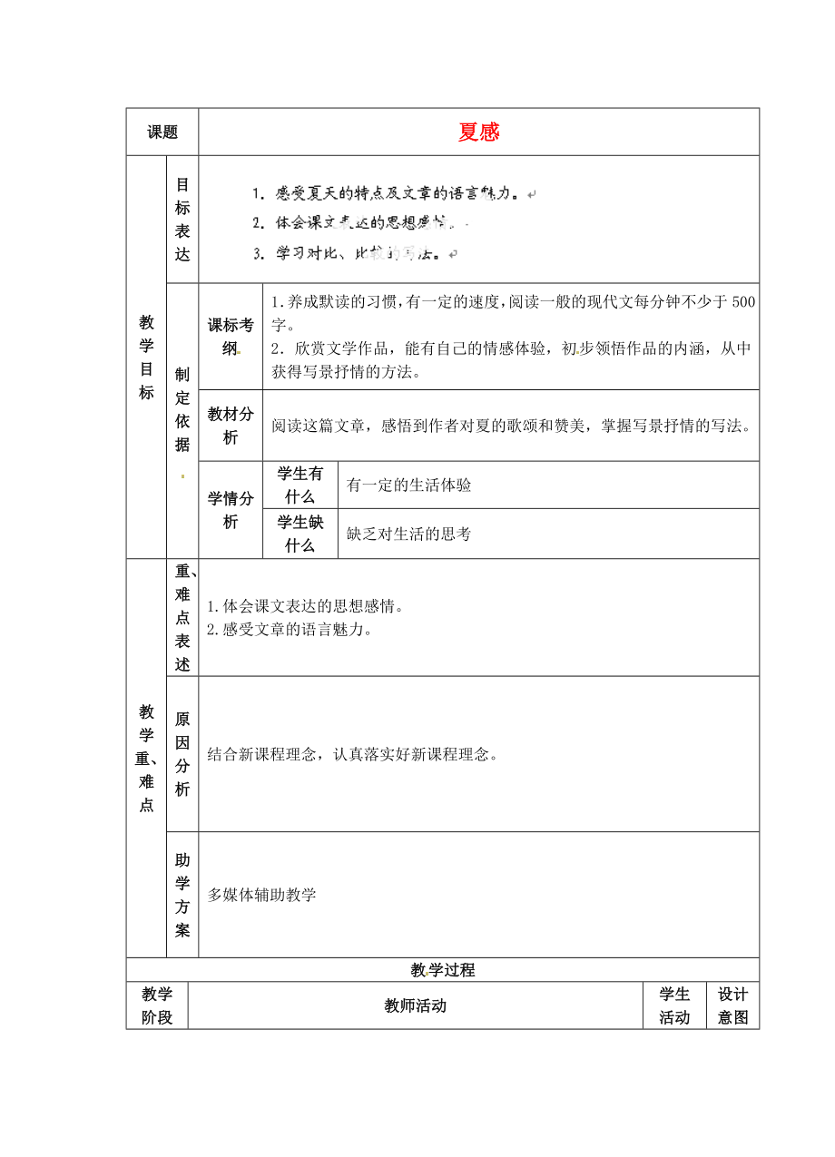 江苏省南京市溧水县东庐中学2013年秋七年级语文上册 夏感教案 新人教版_第1页