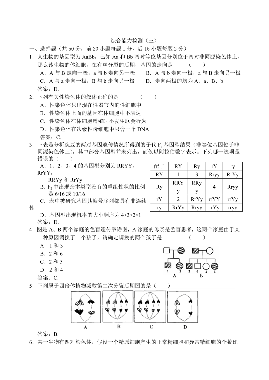 人教新课标高中生物必修2综合测试_第1页