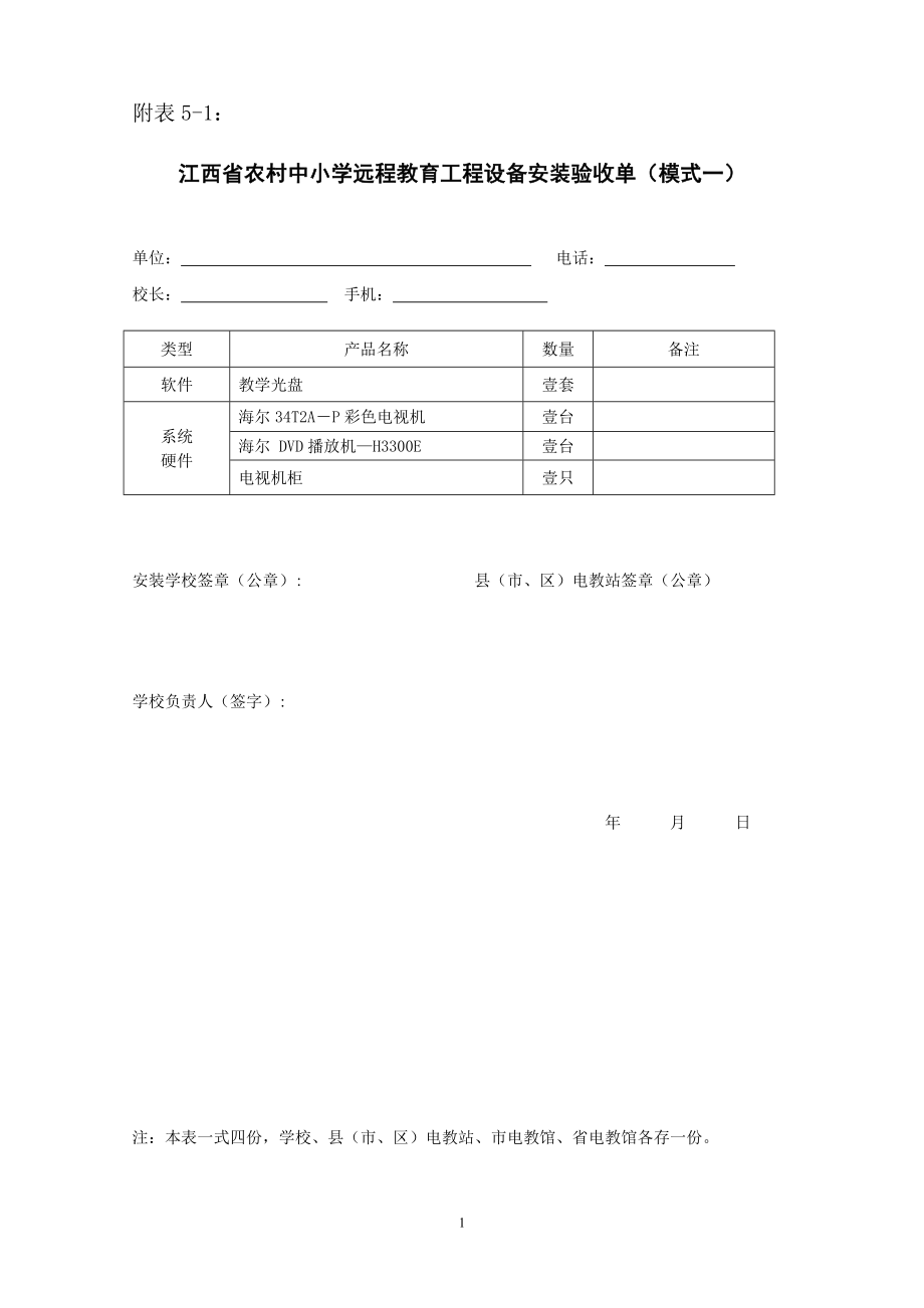 江西省农村中小学远程教育工程设备安装验收单(模式一)_第1页