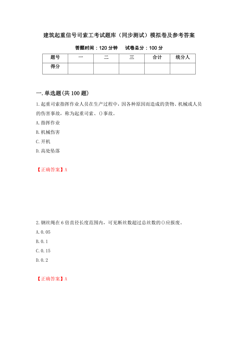 建筑起重信号司索工考试题库（同步测试）模拟卷及参考答案（第77期）_第1页