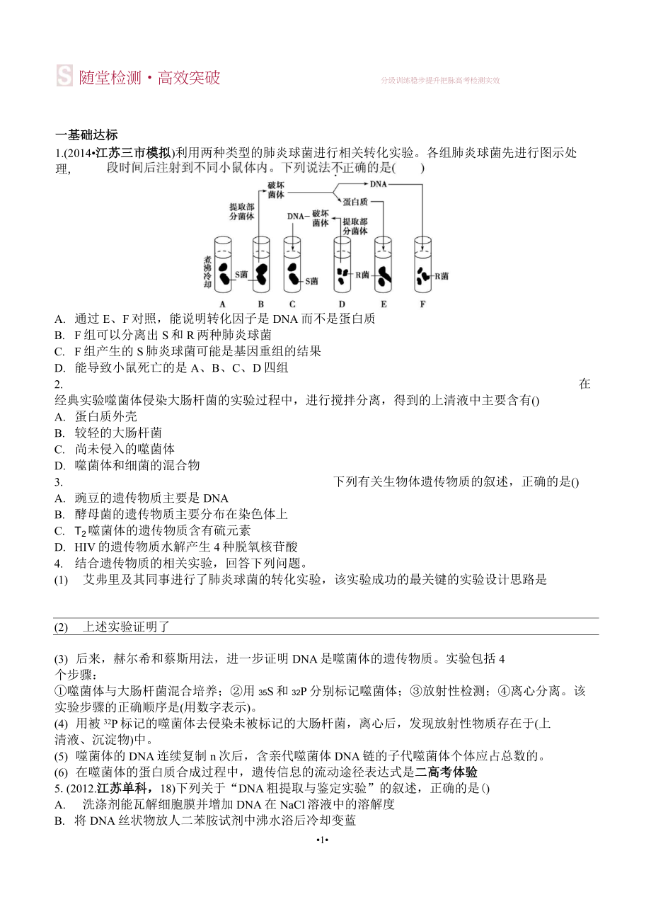 2015屆《優(yōu)化方案》高考生物(蘇教版)一輪隨堂檢測(cè)：第17講 探索遺傳物質(zhì)的過程_第1頁