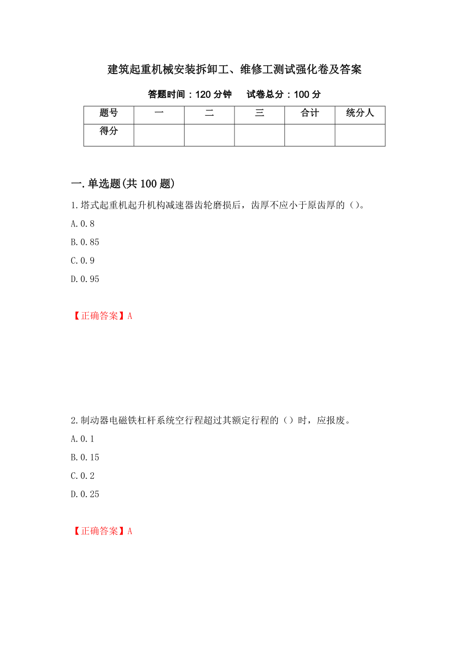 建筑起重机械安装拆卸工、维修工测试强化卷及答案（第77次）_第1页