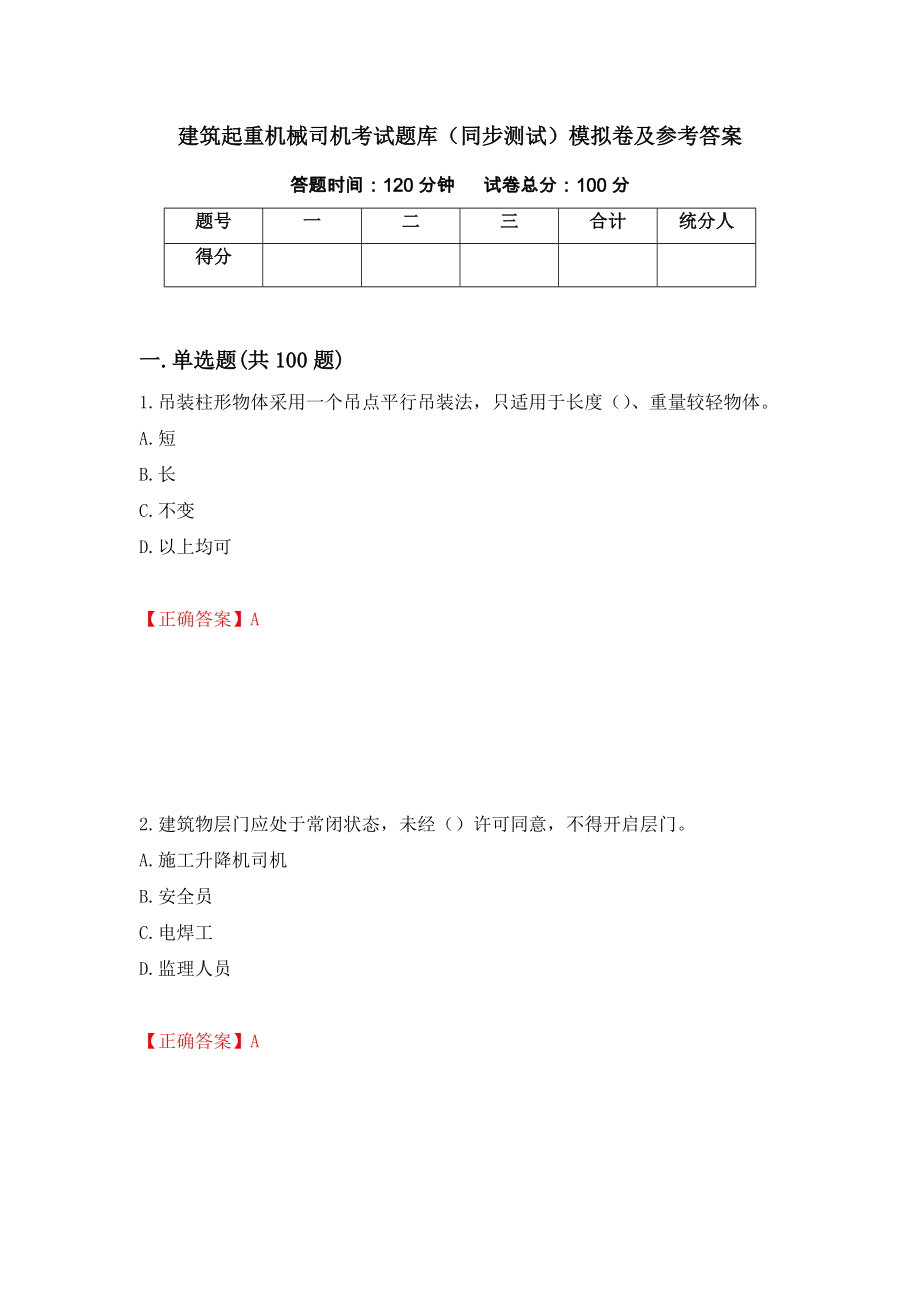 建筑起重机械司机考试题库（同步测试）模拟卷及参考答案（第28套）_第1页