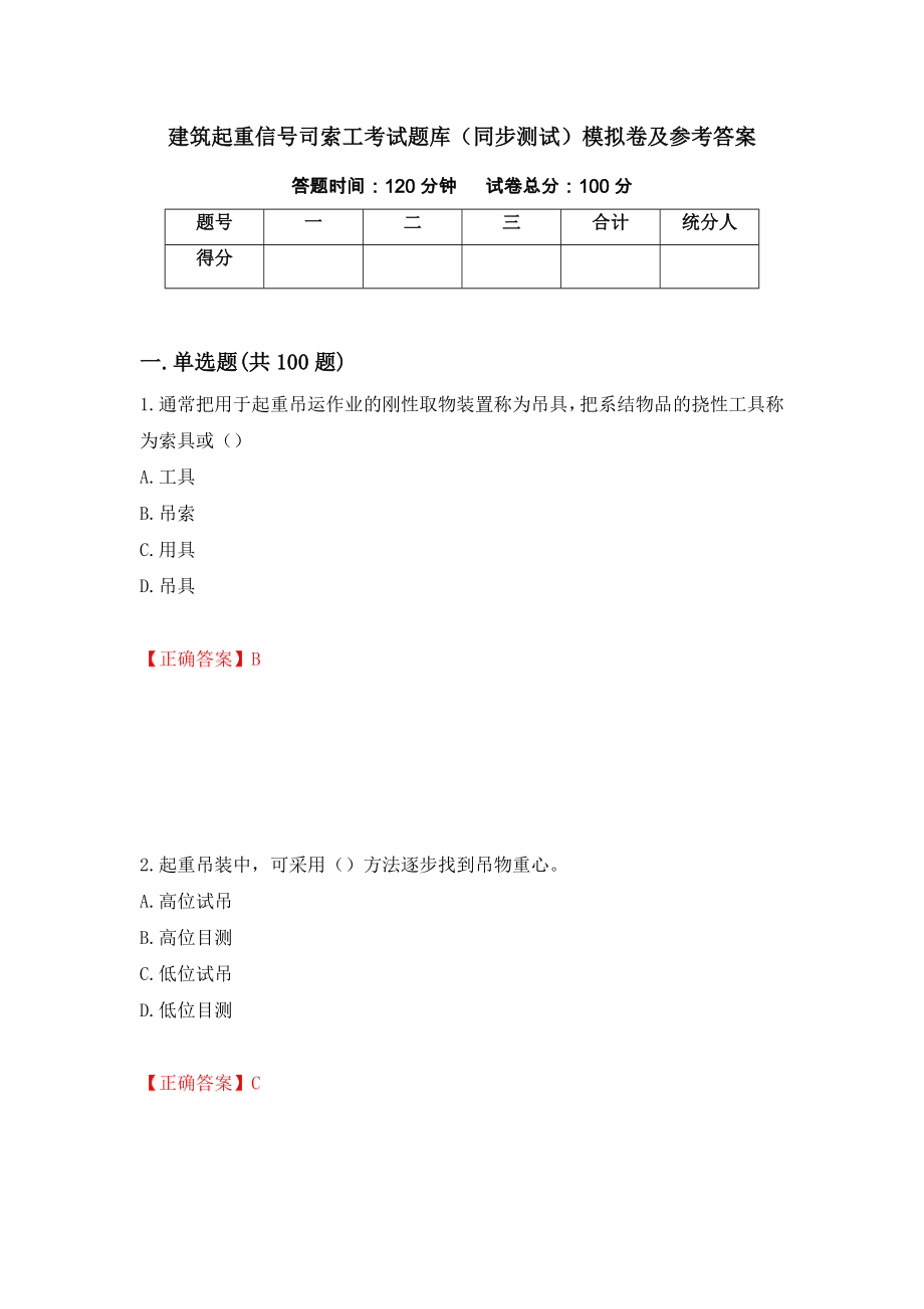 建筑起重信号司索工考试题库（同步测试）模拟卷及参考答案（第75套）_第1页