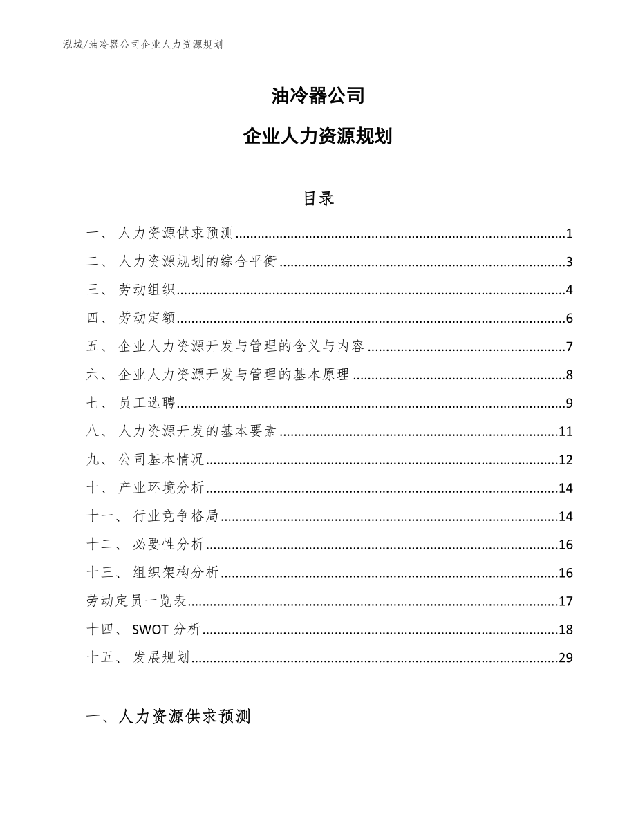 油冷器公司企业人力资源规划_第1页