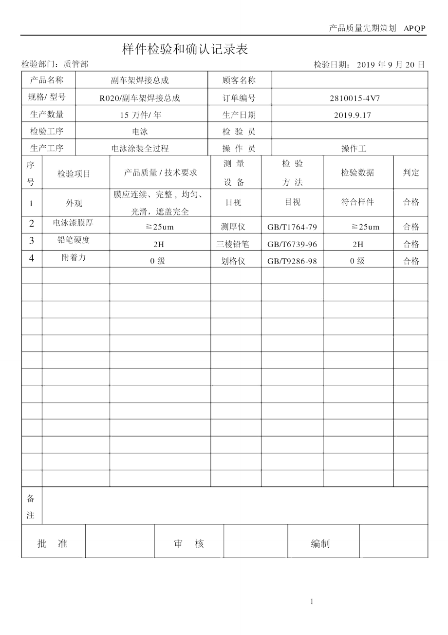 APQP-3-06样件检验和确认记录表_第1页