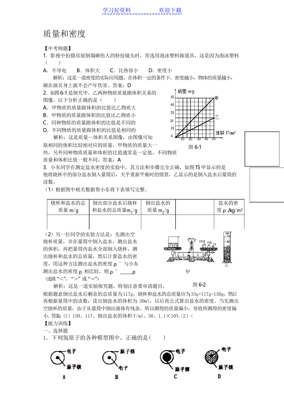 中考物理復(fù)習(xí)專題 質(zhì)量和密度_第1頁