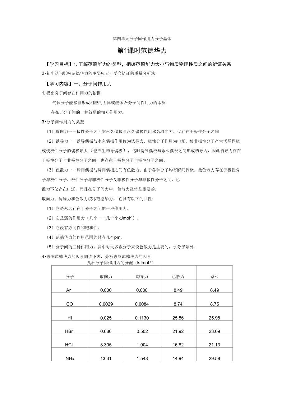 《分子間作用力分子晶體》學(xué)案4(蘇教版選修3)_第1頁(yè)