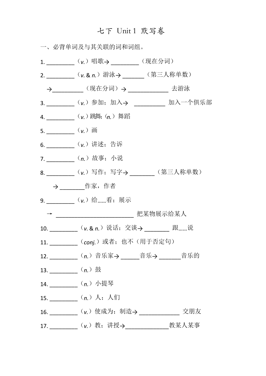 人教版七年級(jí)英語(yǔ)下冊(cè) Unit 1 必背詞匯、短語(yǔ)、句子聽寫默寫卷_第1頁(yè)