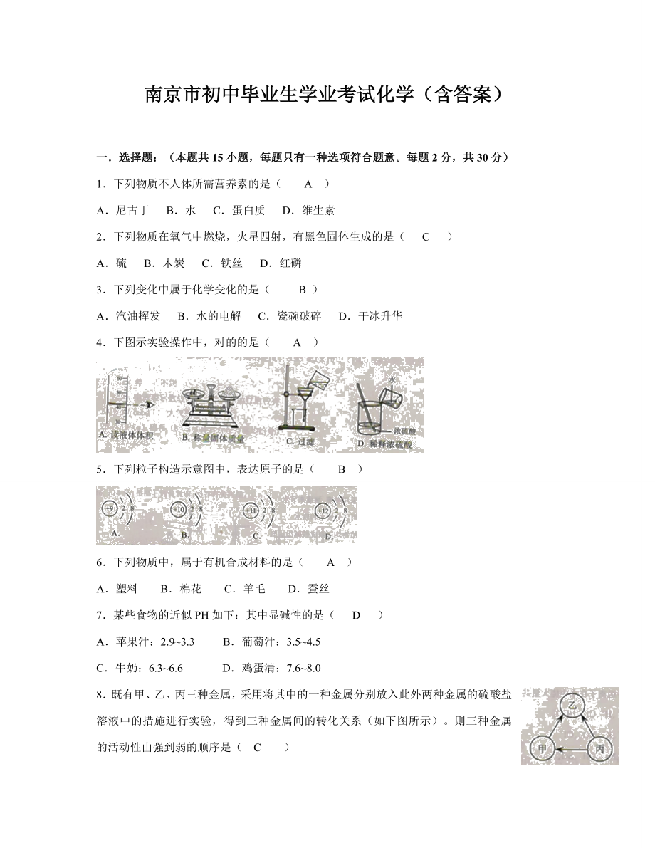 南京市初中毕业生学业考试化学试题及答案_第1页