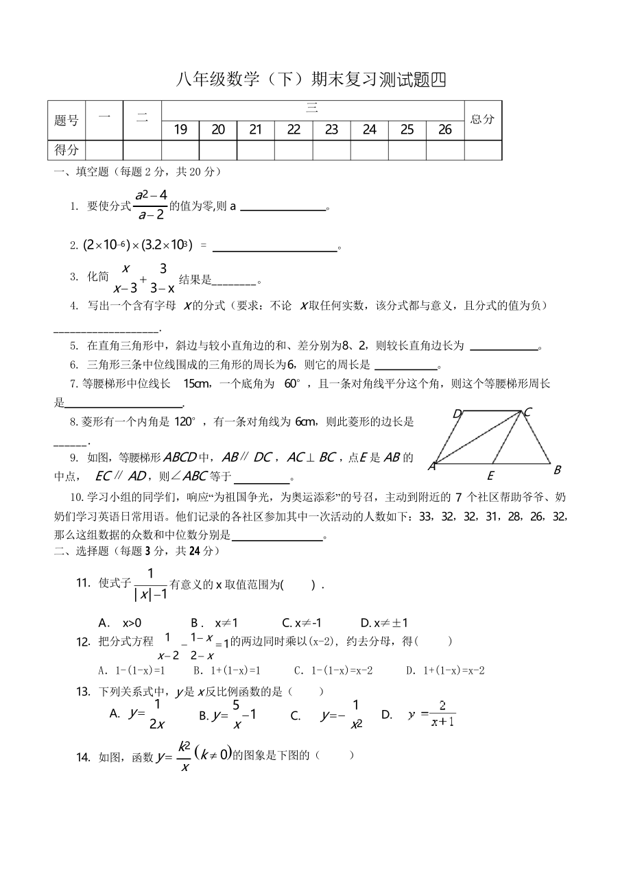 八年级数学(下)期末复习测试题四_第1页