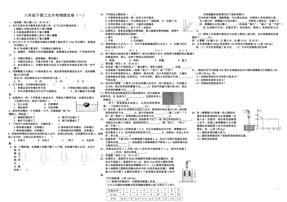 人教版八年级物理下册第三次月考试卷_第1页