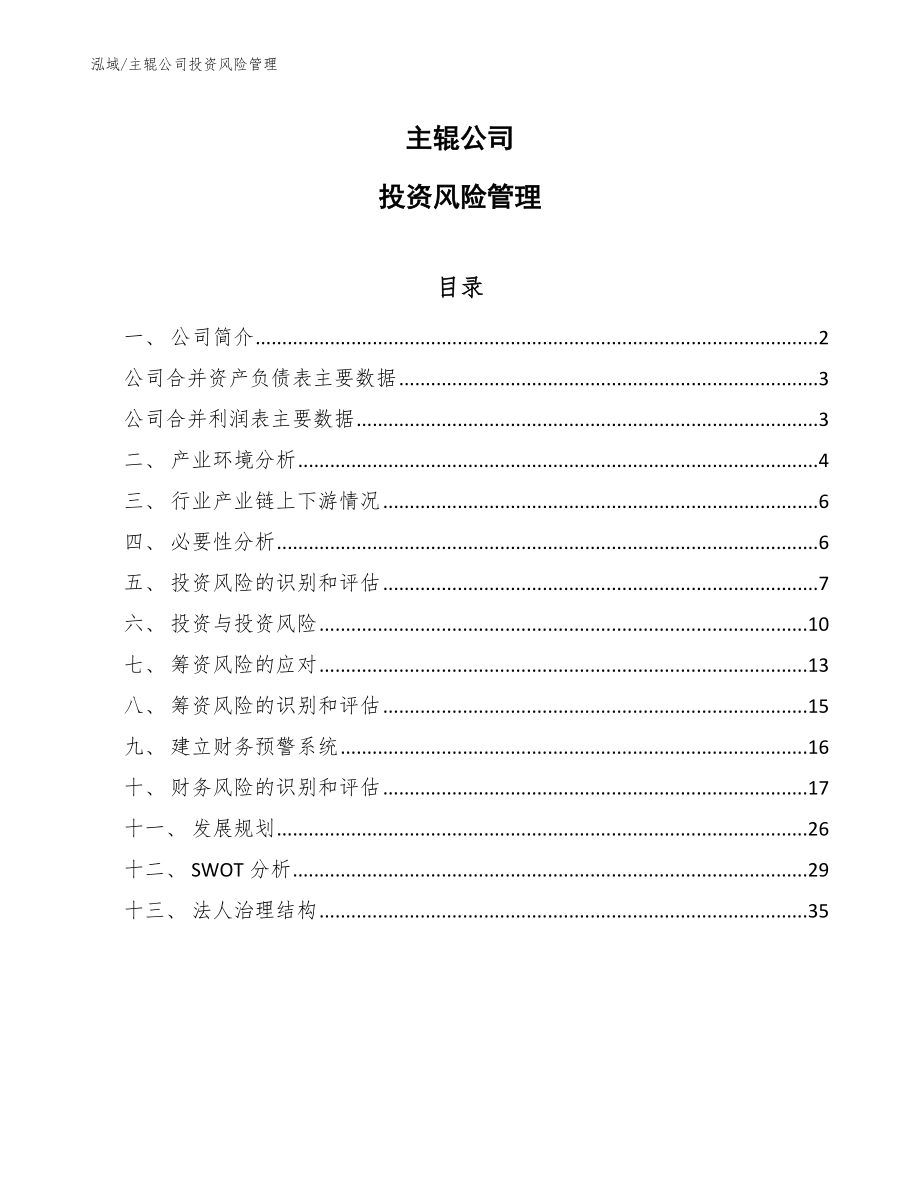 主辊公司投资风险管理【范文】_第1页