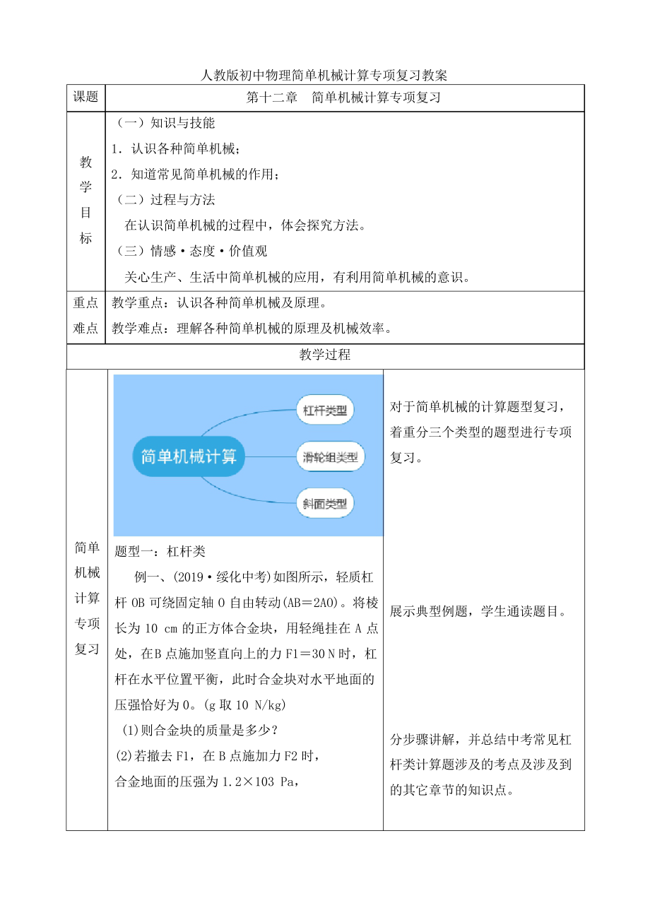 人教版初中物理 简单机械计算专项复习教案设计_第1页