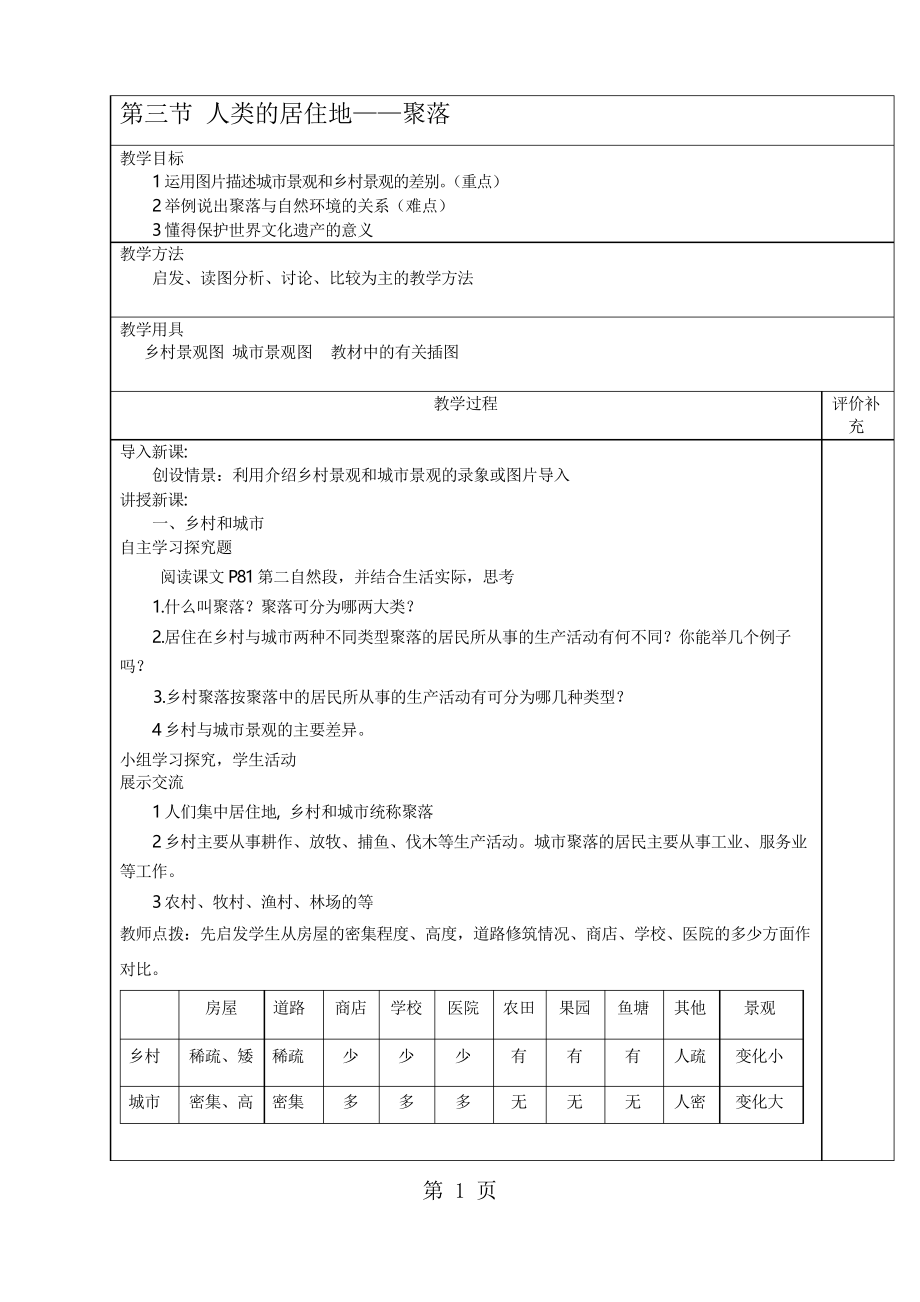 人教版七年級(jí)地理上冊(cè)教案第四章 第三節(jié)人類的聚居地聚落_第1頁