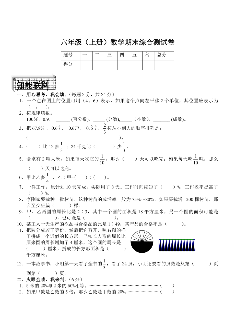 (人教新课标)六年级数学上册期末综合测试卷(一)_第1页