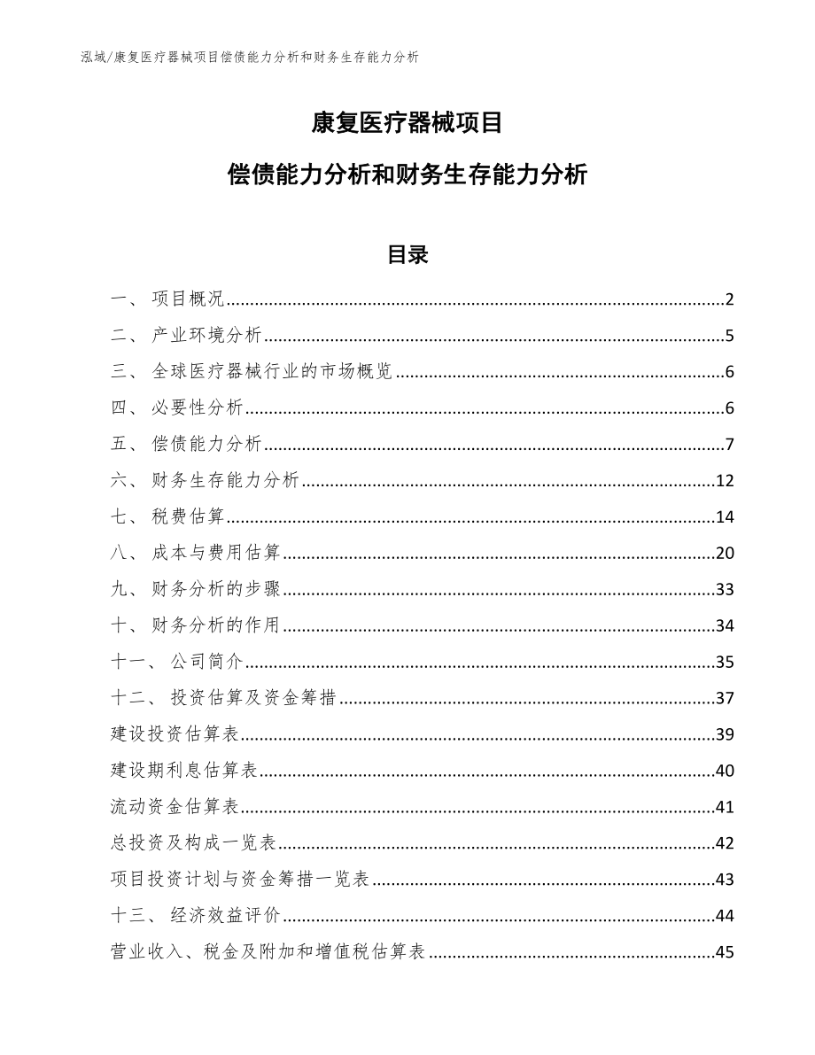 康复医疗器械项目偿债能力分析和财务生存能力分析_范文_第1页