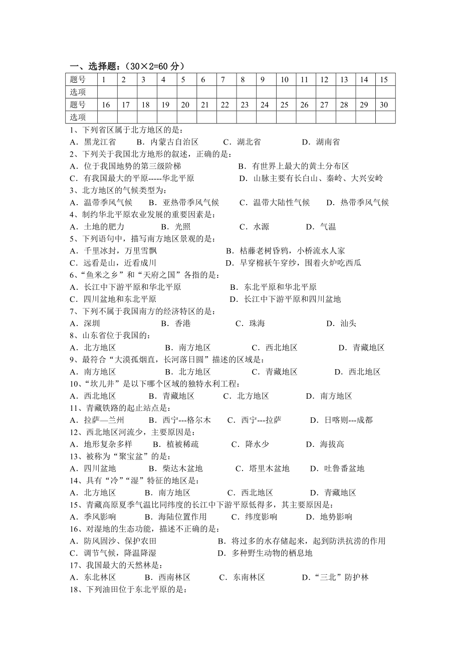 八年级地理下第一次月考_第1页