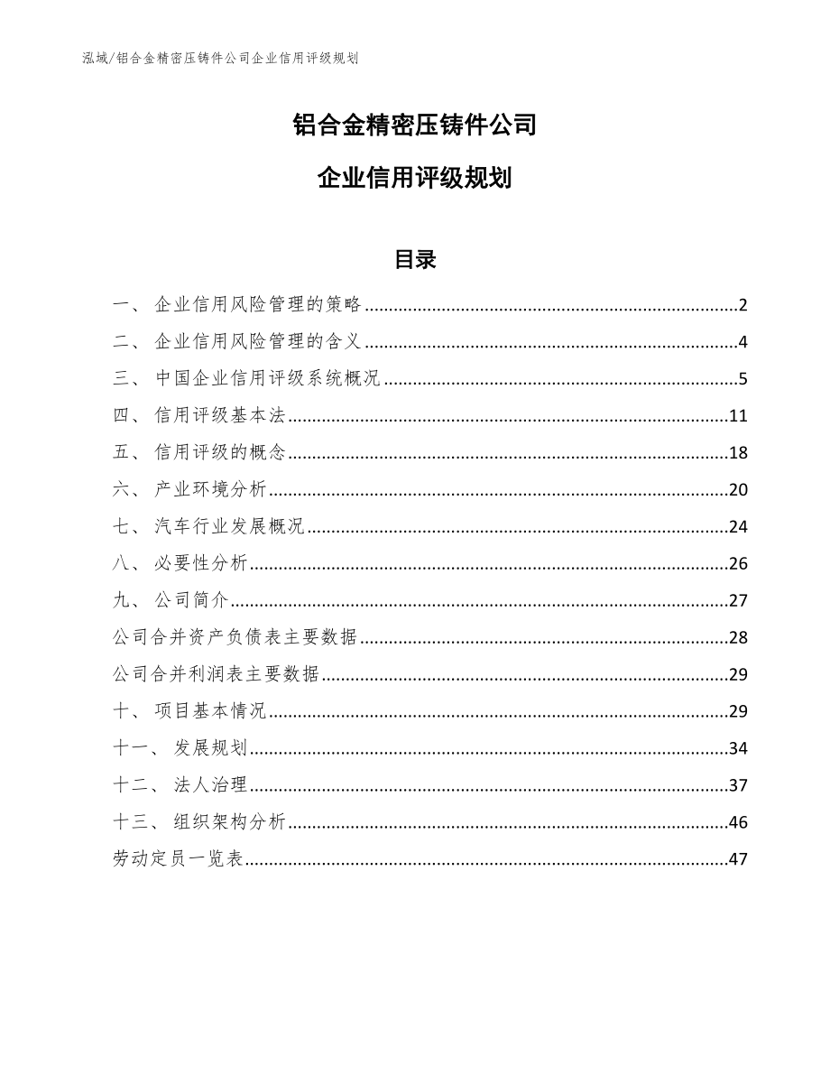 铝合金精密压铸件公司企业信用评级规划【参考】_第1页