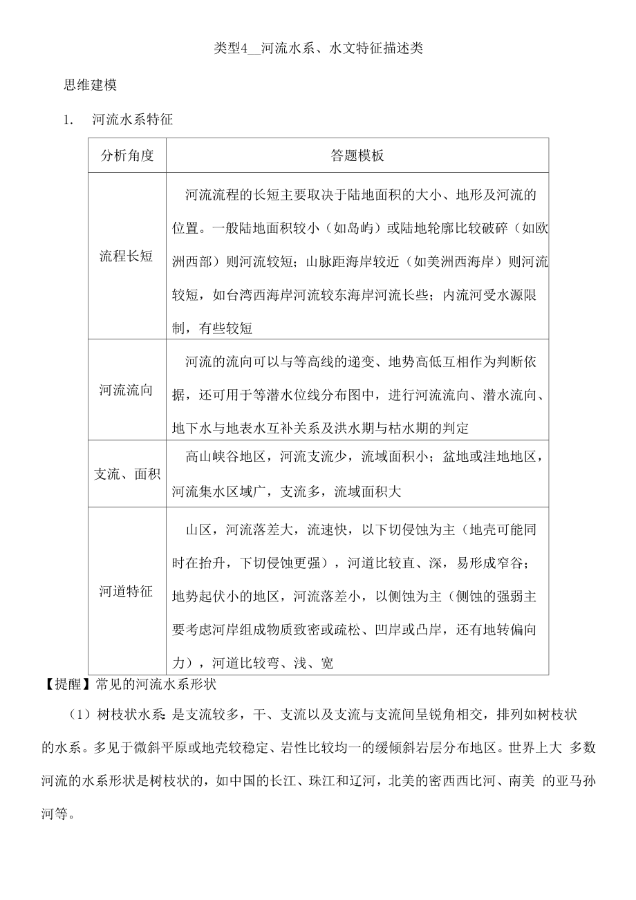 答題模板 類型 河流水系、水文特征描述類_第1頁