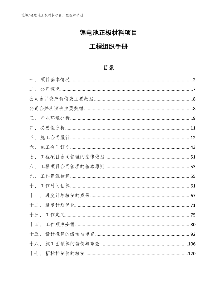 锂电池正极材料项目工程组织手册（参考）_第1页