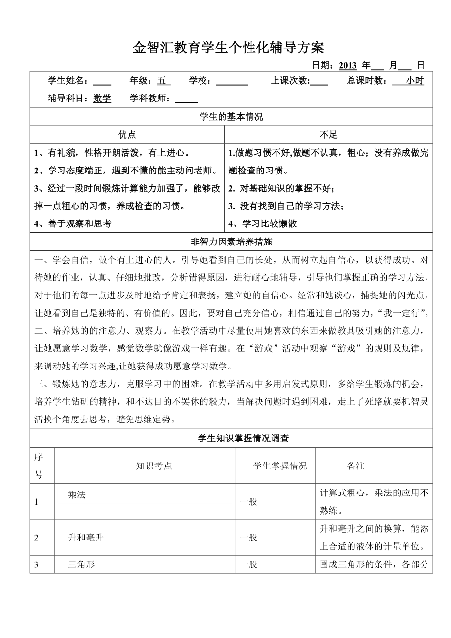 学生个性化辅导方案五年级数学_第1页