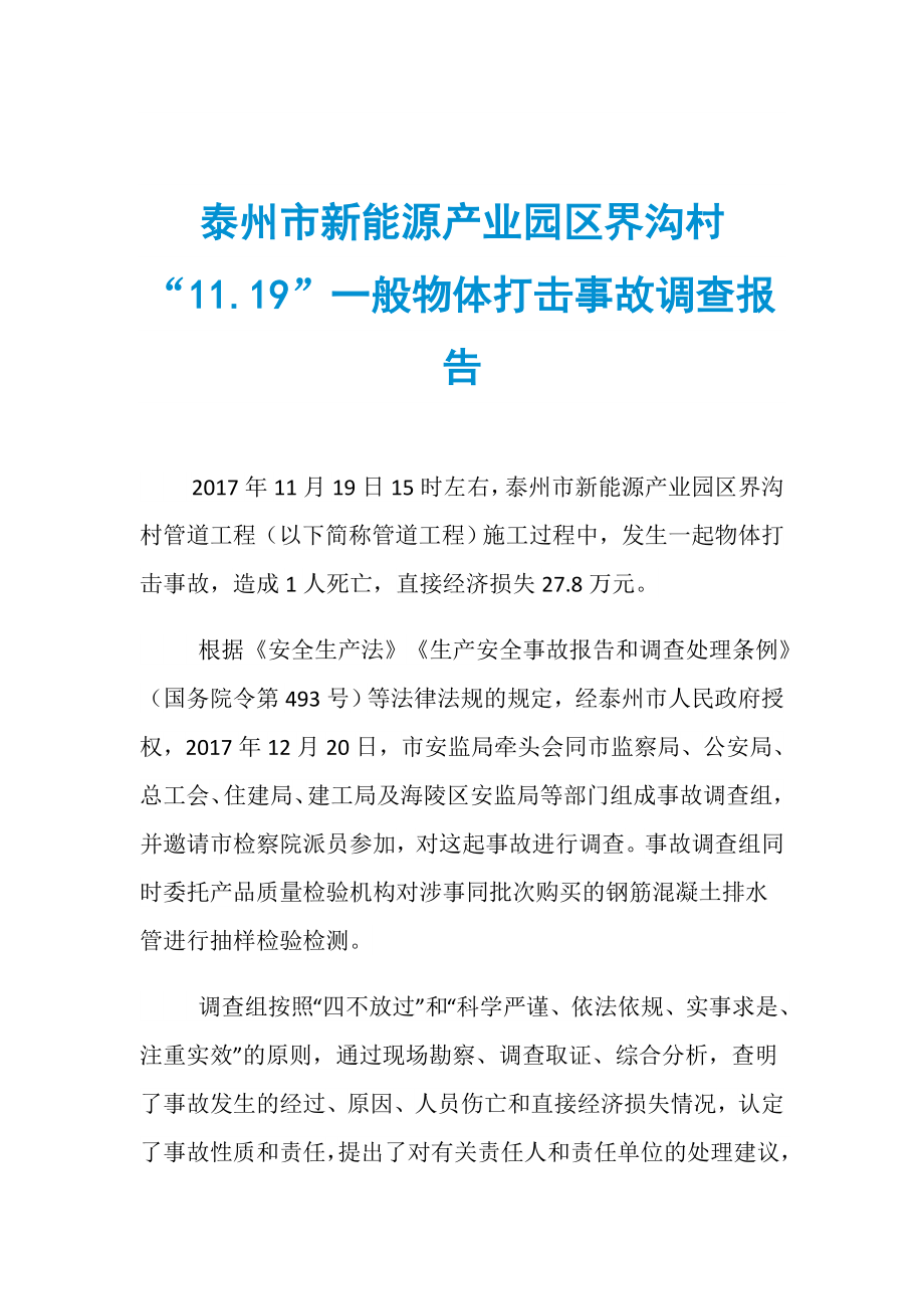 泰州市新能源产业园区界沟村“11.19”一般物体打击事故调查报告_第1页