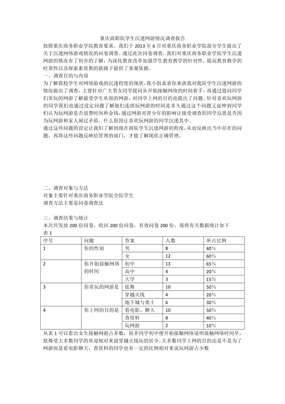 重庆商职院学生沉迷网游情况调查报告_第1页