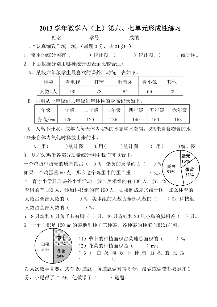 小学数学六年级上册第六单元综合练习_第1页