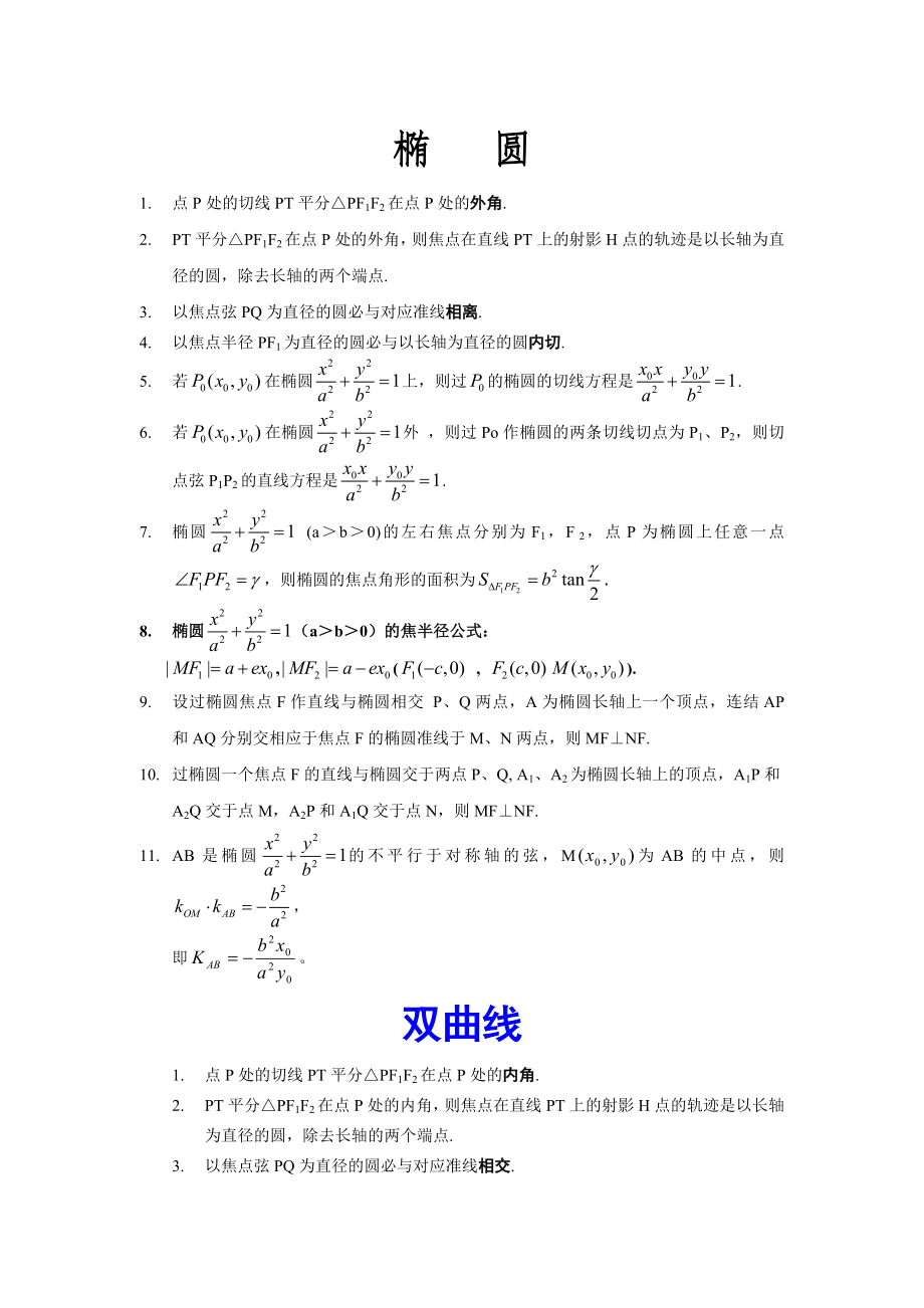 高中数学圆锥曲线小结论_第1页